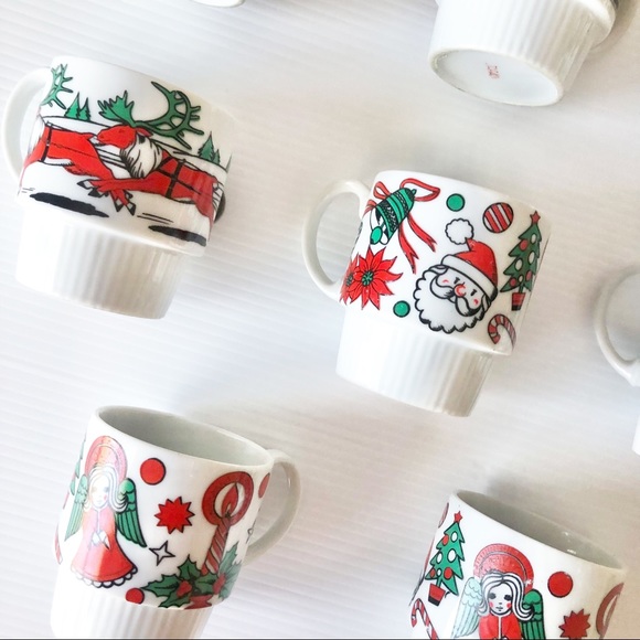 SOLD**Vintage Mid Century 50s 60s Christmas Stacking Cups Mugs Set of 8 - Picture 5 of 16
